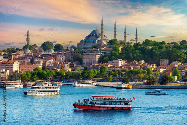 Obraz Touristic sightseeing ships in istanbul city, Turkey.