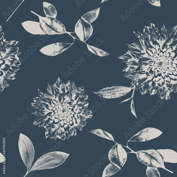 Fototapeta pattern of leaves and flowers on a blue background