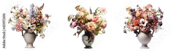 Fototapeta Collection of colorful flower bouquets in a vase isolated on a transparent background, generative ai