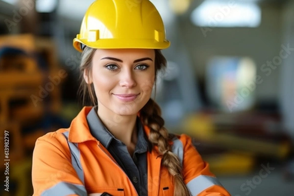 Fototapeta Confident female constructor worker posing with construction tools, constructor worker, builder, Labor Day Generative AI