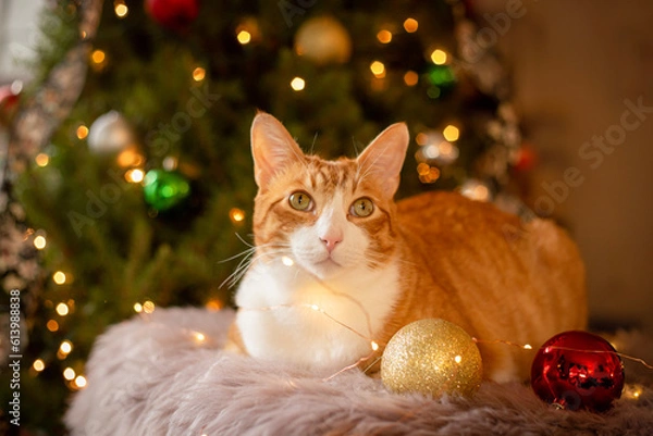 Obraz cat and christmas tree