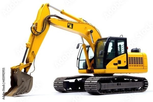 Obraz A close - up shot of a yellow excavator against isolated on a white background. Generative AI