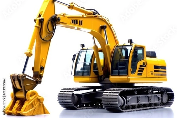 Obraz A close - up shot of a yellow excavator against isolated on a white background. Generative AI
