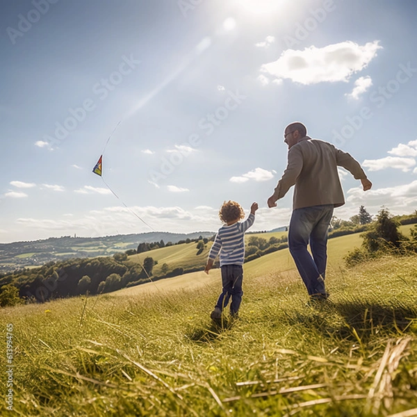 Fototapeta parent and child playing kite