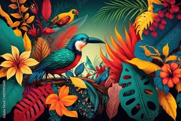 Obraz Tropical Vivid Background with Flower and Birds. Illustration AI Generative.