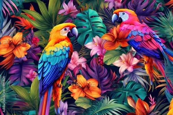 Fototapeta Tropical Vivid Background with Flower and Birds. Illustration AI Generative.