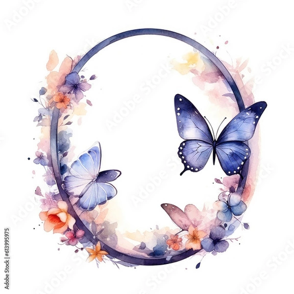 Fototapeta Watercolor frame with butterfly and flowers. Illustration AI Generative.