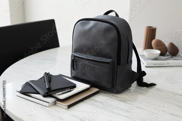 Fototapeta backpack on the office table ai generative art
