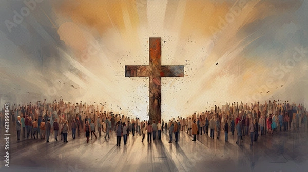 Obraz Many people around the cross, christian concept, modern painting, generative ai