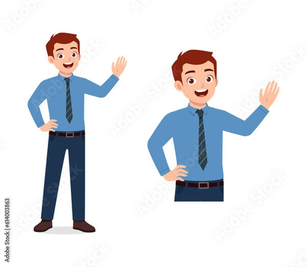 Fototapeta Szczęśliwego człowieka uśmiechnij się i machający ręką, aby powitać