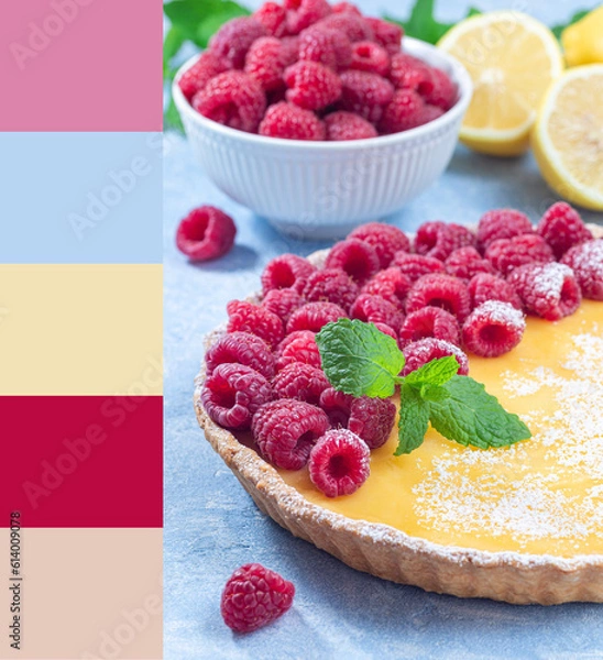 Obraz Lemon tart garnished with raspberry, color palette
