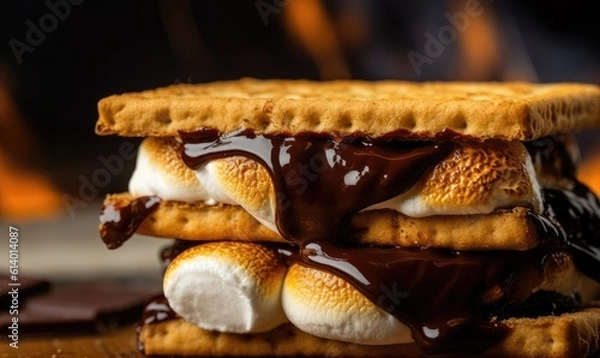 Obraz Closeup of melting and gooey S'mores with Marshmallows Chocolate and Graham Crackers, blurred smokey background, Generative AI