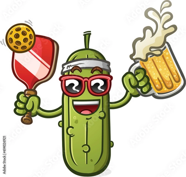 Obraz Pickle cartoon character drinking a tall frosty mug of ice cold beer to cool off on a hot day at the pickleball courts after a competitive match