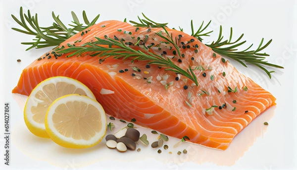 Fototapeta Raw fresh Pacific salmon fillets garnished Ai generated image