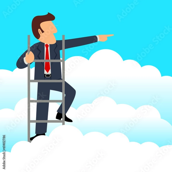 Fototapeta Simple cartoon of a businessman get a better view on a ladder