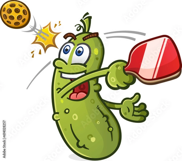 Obraz Pickle cartoon character taking a fast swing and hitting a pickleball over the net while having a great time playing the game