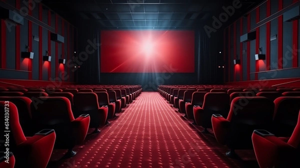 Fototapeta Generative AI View inside the cinema on the screen and seats before the movie starts