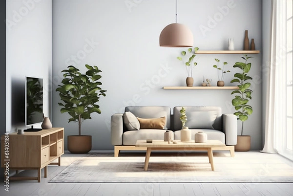Fototapeta Generative AI Modern interior of open space with design modular sofa, furniture, wooden coffee tables, plaid, pillows, tropical plants and elegant personal accessories in stylish home decor. Neutral l