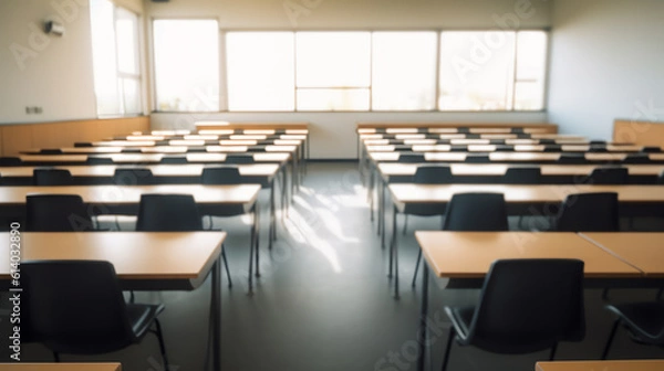 Fototapeta Generative AI Lecture room or School empty classroom with desks and chair iron wood for studying lessons in high school Thailand, interior of secondary education, with whiteboard, vintage tone educati
