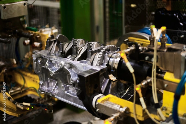Obraz Illuminated car engine on test stand in production plant shop