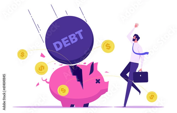 Obraz Debt and loan problem, financial mistake, bankruptcy concept, metal balls with debt word breaking piggy bank