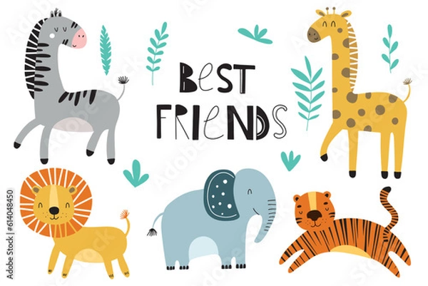 Fototapeta Set of cute wild animals including lion, tiger, zebra, giraffe and elephant. Safari jungle animals vector.