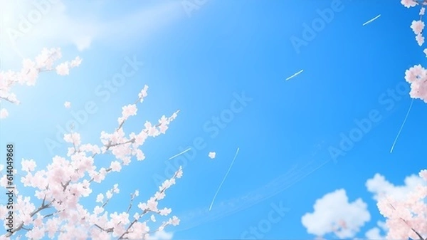 Fototapeta white cherry blossoms on blue sky background. Generative AI