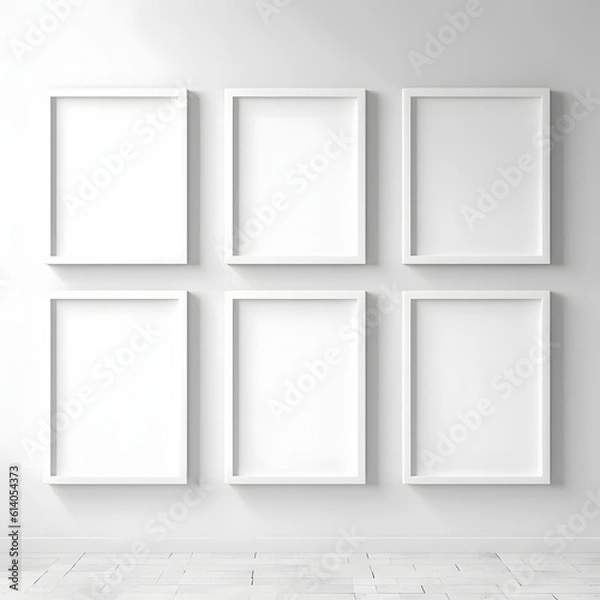 Fototapeta  Picture frame on a wall black frame. Blank Mockup. six vertical frames, modern minimalistic style., template for artwork, painting, photo or poster.  Generative AI.
