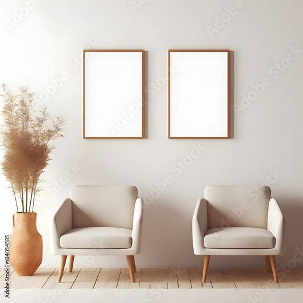 Fototapeta Empty square frame mockup in modern minimalist interior over white wall background, Template for artwork, painting, photo or poster