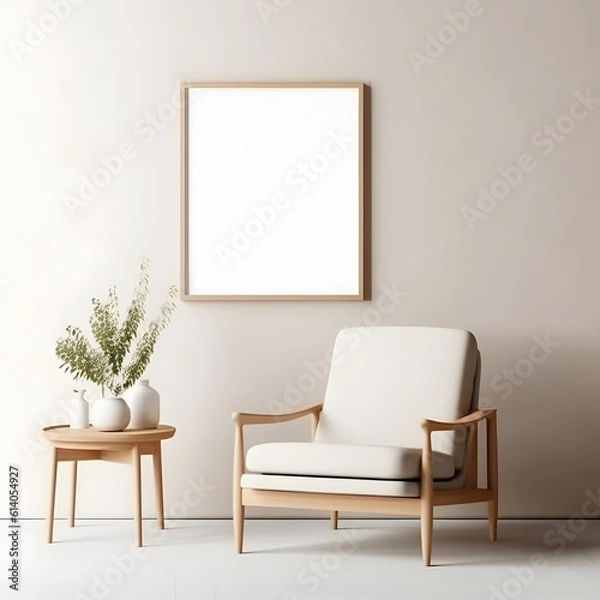 Fototapeta Empty horizontal frame mockup in modern minimalist interior with plant in trendy vase on white wall background. Template for artwork, painting, photo or poster