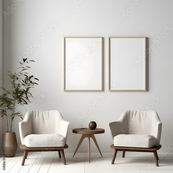 Obraz Blank picture frame mockup on white wall. Modern living room design. View of modern minimalist style, Boho style interior with chair. Two vertical templates for artwork, painting, photo or poster