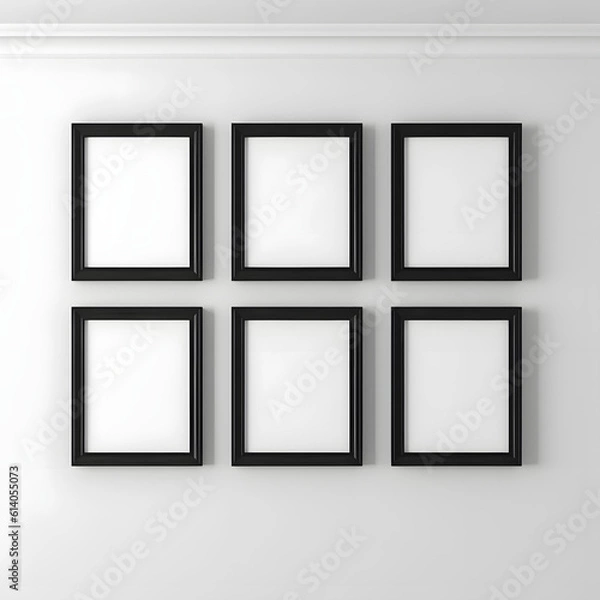 Fototapeta Picture frame on a wall black frame. Blank Mockup. six vertical frames, modern minimalistic style., template for artwork, painting, photo or poster 