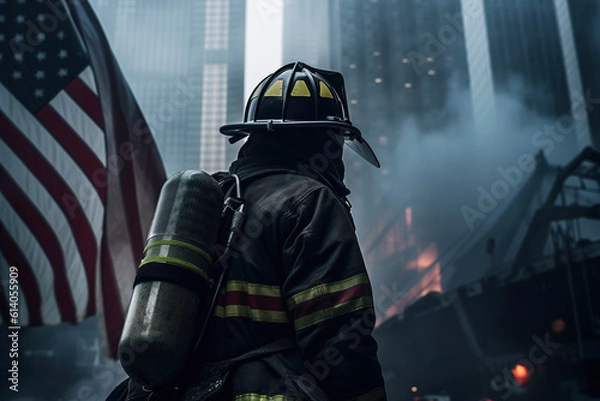 Fototapeta Rear view of firefighter against backdrop of burning skyscrapers and an American flag outdoors. Patriot day USA, national date of service and remembrance concept. Generative AI illustration