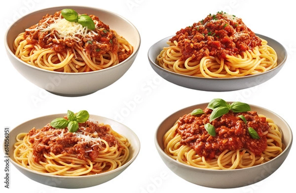 Fototapeta Collection of plates of spaghetti with bolognese sauce, side view on a transparent background, Generative AI