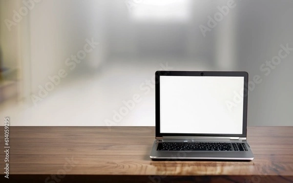 Obraz Dark wooden table , leptop on table, Blurred white background, Ai Generate 