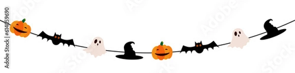 Fototapeta Flaga z dyniami, potworami, nietoperzy wampirów, motyw czaszki i duchów do dekoracji Halloween na przezroczystym tle