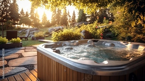 Obraz A bubbling hot tub in a backyard. Generative AI.