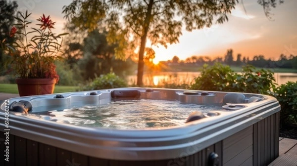 Obraz A bubbling hot tub in a backyard. Generative AI.