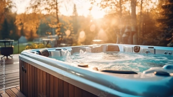 Obraz A bubbling hot tub in a backyard. Generative AI.