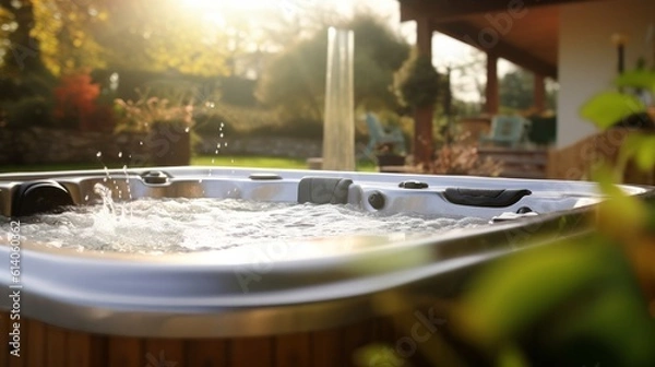 Obraz A bubbling hot tub in a backyard. Generative AI.