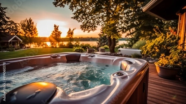 Obraz A bubbling hot tub in a backyard. Generative AI.
