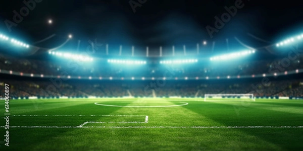 Fototapeta the stadium at night is highlighted by bright lights on green grass. Generative AI	