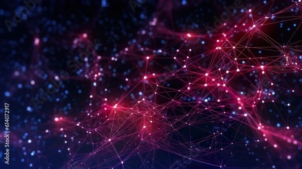 Fototapeta Abstract background with pink shining of network structure with dots and lines in close up view. Connected neural web, futuristic wallpaper. Horizontal illustration for banner design. Generative AI.