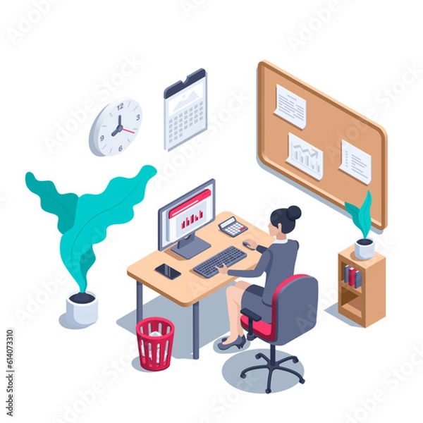 Fototapeta isometric vector illustration on a white background, a woman in a business suit works on a computer at a desktop in the office, work environment or interior