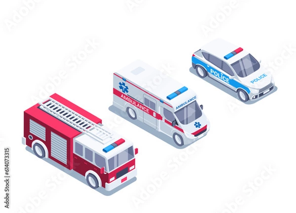 Fototapeta isometric vector illustration on a white background, a set of three special vehicles, a fire engine with an ambulance and a police