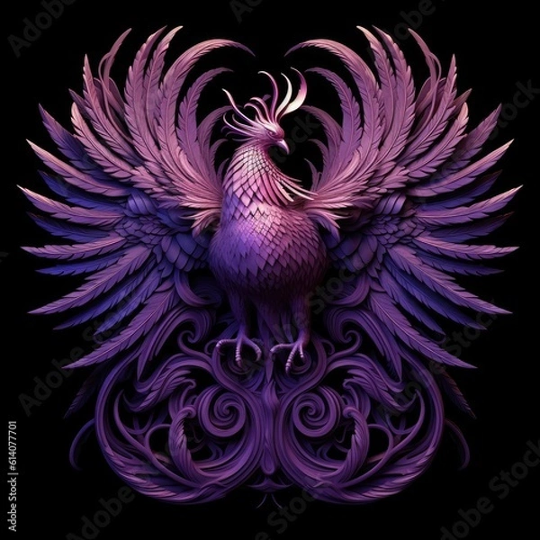 Fototapeta Phoenix sculpture with purple feathers on a black background