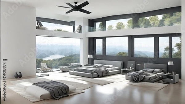 Obraz Multiple Bed Exterior Design Perspective of Modern Bedroom Overlooking the Mountains and Water. High Ceiling and High Glass Window Mid Century Minimalistic House