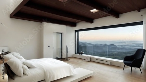 Obraz Multiple Bed Exterior Design Perspective of Modern Bedroom Overlooking the Mountains and Water. High Ceiling and High Glass Window Mid Century Minimalistic House