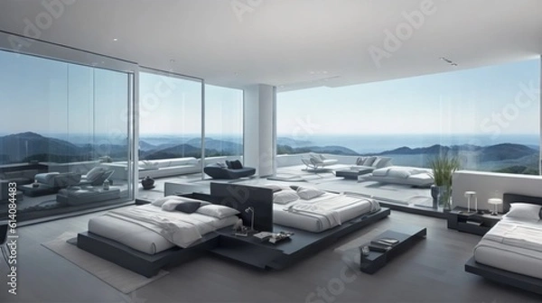 Obraz Multiple Bed Exterior Design Perspective of Modern Bedroom Overlooking the Mountains and Water. High Ceiling and High Glass Window Mid Century Minimalistic House