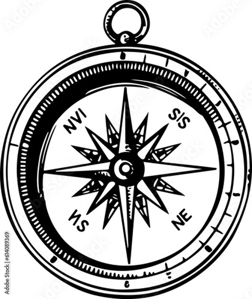 Fototapeta Compass outline vector illustration, Hiking elements

